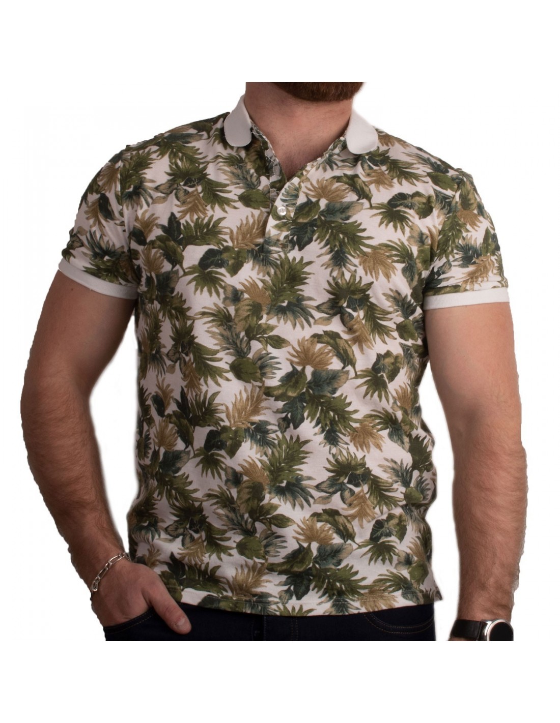  Polo  coton homme  manches courtes blanc motifs fleurs  