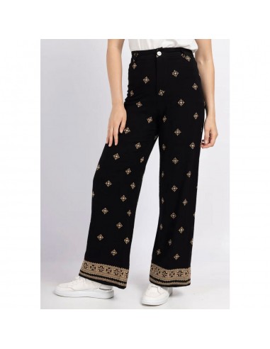 Pantalon large ethnique broderie femme effet lin fluide