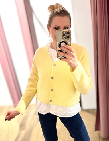 Gilet jaune en maille douce coupe courte cardigan 36-42