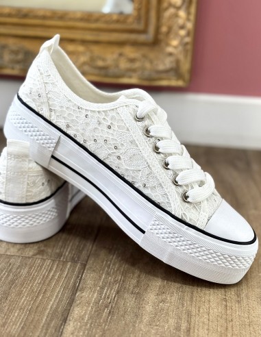 Baskets femme plateformes dentelle et sequins - Sneakers mode ultra tendance