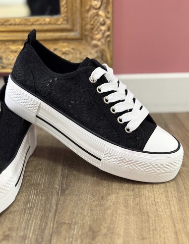 Baskets femme plateformes dentelle et sequins - Sneakers mode ultra tendance