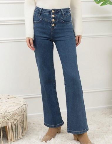 Jean Flare Femme Taille Haute Stretch à boutons dorés style Rétro Chic