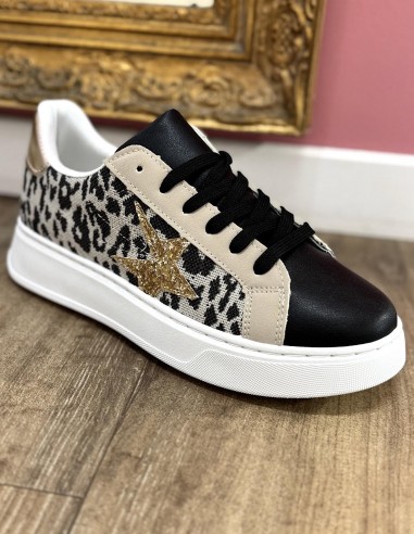 Baskets compensées femme léopard chic - Sneakers tendances pailletées et talon doré