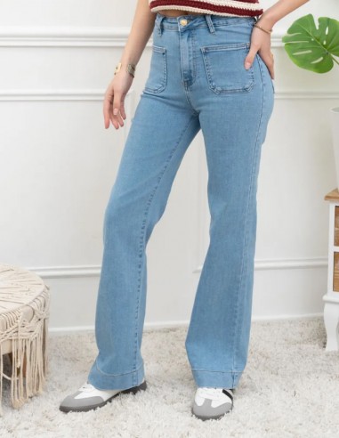 Jean flare femme taille haute bleu clair délavé confort et style ultra stretch