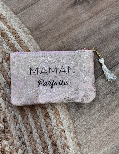 Pochette pailletée "Maman Parfaite" idée cadeau style trousse maquillage brillante avec pompom