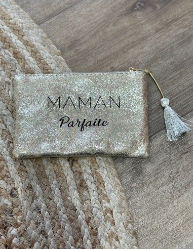 Pochette pailletée "Maman Parfaite" idée cadeau style trousse maquillage brillante avec pompom