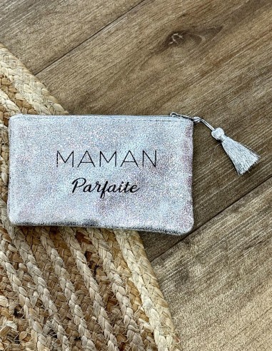 Pochette pailletée "Maman Parfaite" idée cadeau style trousse maquillage brillante avec pompom