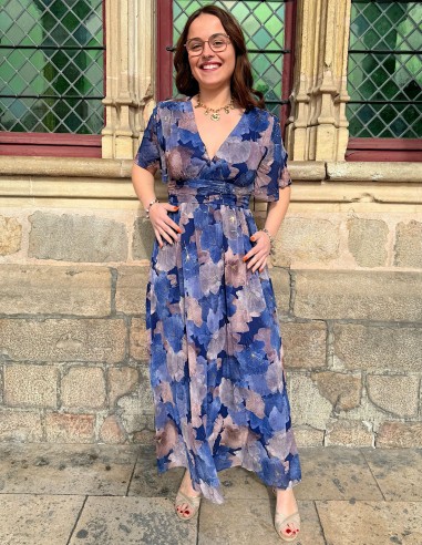 Robe longue femme chic bohème décolleté cache-coeur à manches courtes et motif floral bleu ginkgo